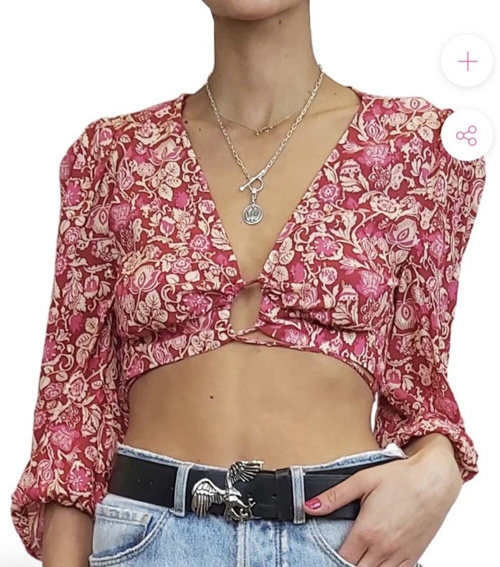 Zara Top Womens M Red Floral Crop Top Gold Fleck Boho Romantic Festival
